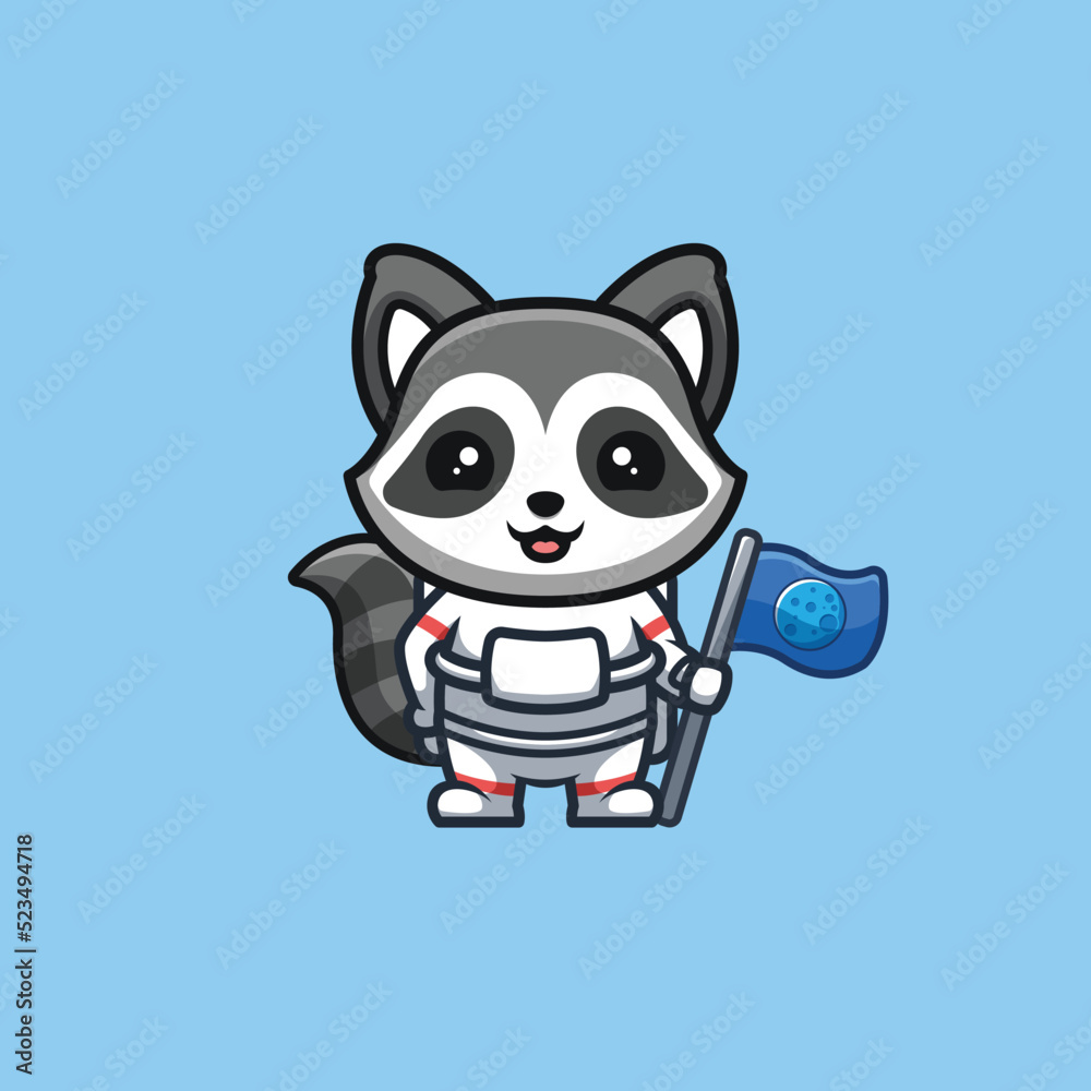 Raccoon Astronaut Cute Creative Kawaii Cartoon Mascot Logo