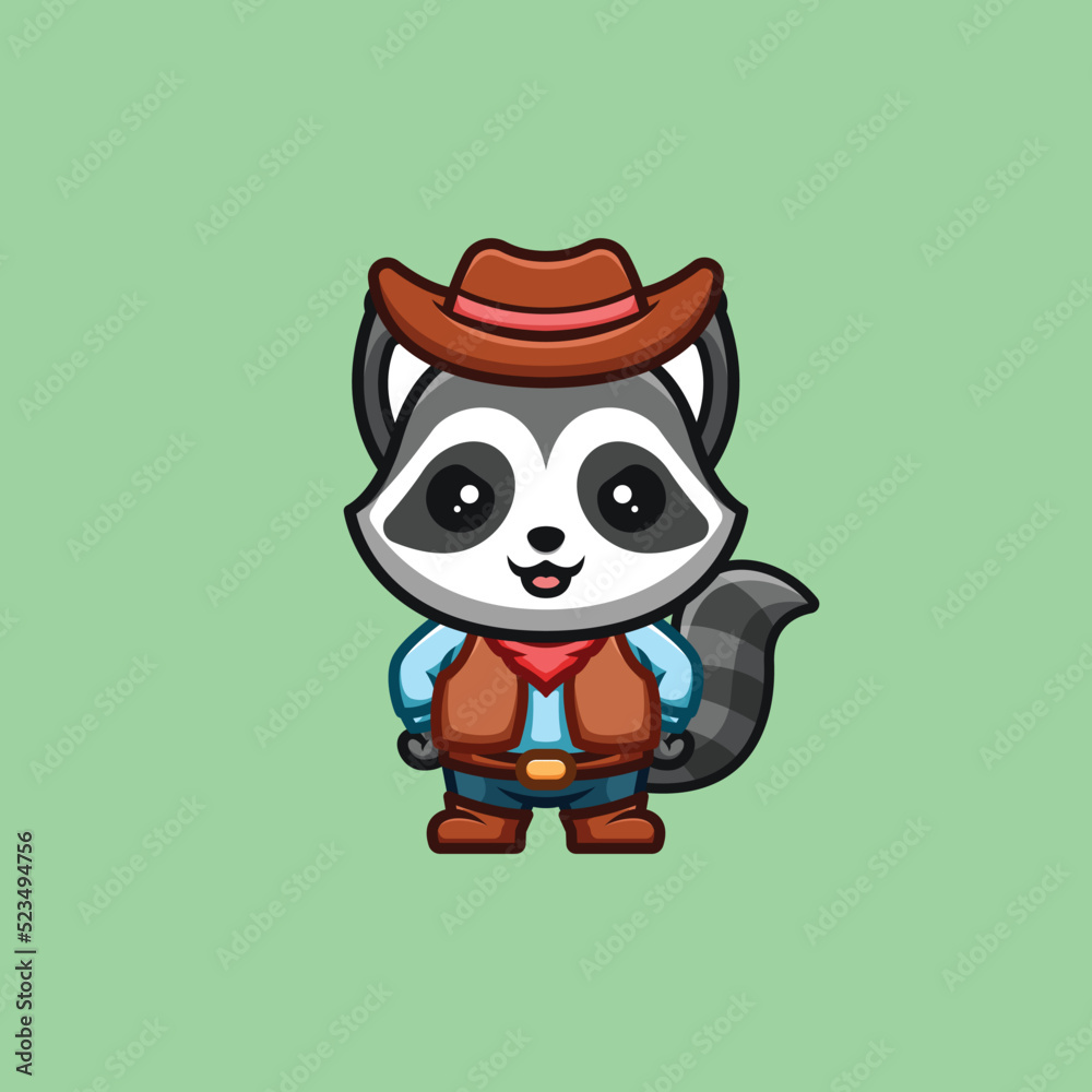 Raccoon Cowboy Cute Creative Kawaii Cartoon Mascot Logo
