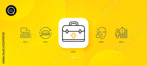Mattress, Healthy face and First aid minimal line icons. Yellow abstract background. Business statistics, Security agency icons. For web, application, printing. Vector