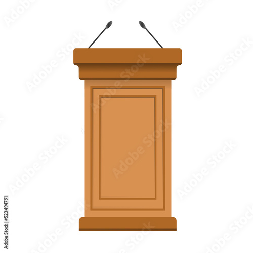 Wooden podium vector illustration. Rostrums or tribunes with microphones for lectures in classroom isolated on white