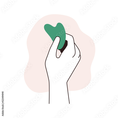 Gua sha jade scraper. Hand holding guasha massage beauty tool for face, neck scraping, skin care. Facial stone quartz massager. Lineart flat vector illustration isolated on white background