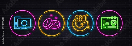 360 degrees, Medical tablet and Recovery computer minimal line icons. Neon laser 3d lights. Motherboard icons. For web, application, printing. Full rotation, Medicine pill, Backup info. Vector