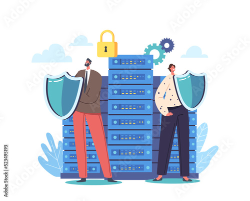 Information Protection Concept. Man and Woman Characters Guards Holding Shields Defend Server Rack Or Hard Disks