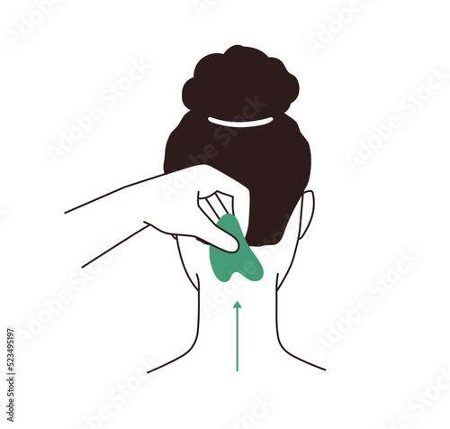 Scraping, massaging neck back with guasha tool. Woman moving jade quartz scraper, cervical lymphatic massager. Gua sha treatment, care. Flat graphic vector illustration isolated on white background