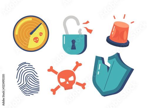Set of Hacker Icons Radar, Broken Padlock, Siren, Finger Print, Cracked Shield, Skull with Bones Isolated on White