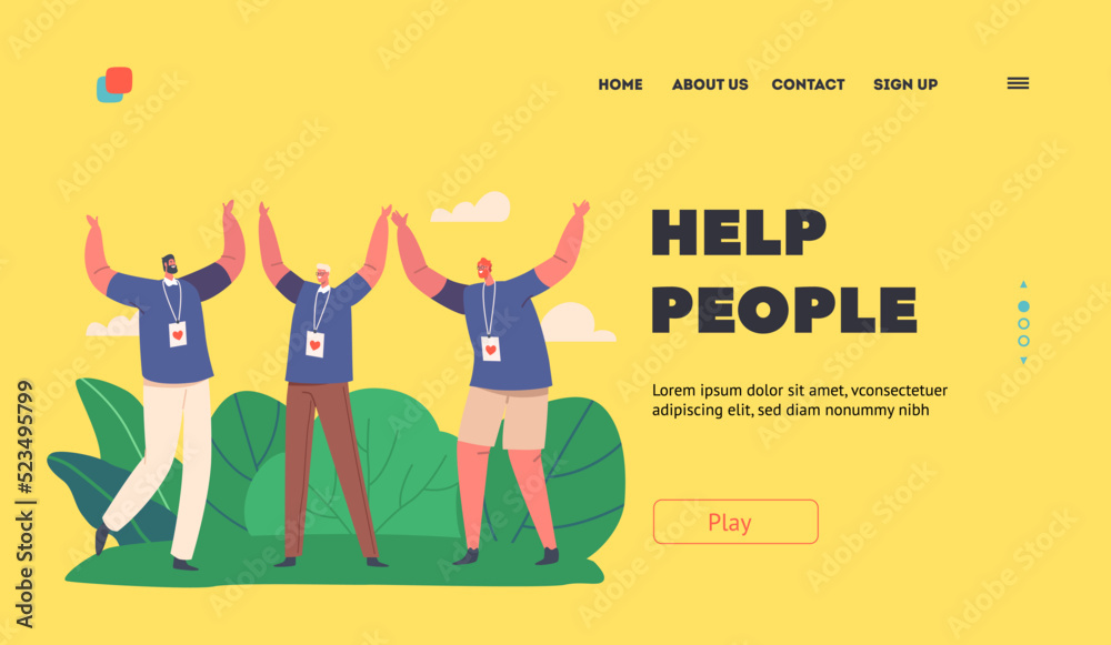 Help People Landing Page Template. Happy Volunteers Team Rejoice Together. Group Of United Men From Donation Community Help People Landing Page Template. Happy Volunteers Team Rejoice Together. Group Of United Men From Donation Community