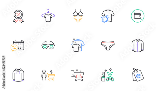 Shopping cart, Beauty and Love glasses line icons for website, printing. Collection of Dirty t-shirt, Clean t-shirt, Discount medal icons. Sale tag, Wallet, Buyer web elements. Hoody. Vector