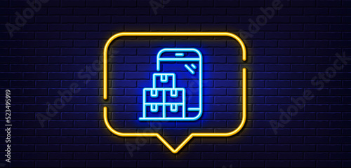 Neon light speech bubble. Mobile inventory line icon. Wholesale app sign. Warehouse boxes symbol. Neon light background. Mobile inventory glow line. Brick wall banner. Vector