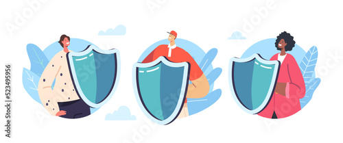Set Business People Wearing Formal Suits Holding Shields Isolated Round Icons or Avatars. Data Base, Health Protection