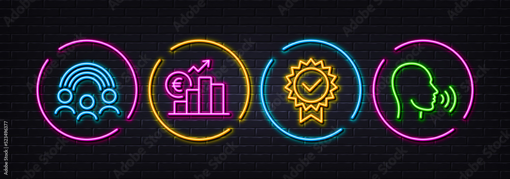 Euro rate, Inclusion and Certificate minimal line icons. Neon laser 3d lights. Human sing icons. For web, application, printing. Currency trade, Equity rainbow, Verified award. Talk. Vector - obrazy, fototapety, plakaty 
