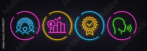 Euro rate, Inclusion and Certificate minimal line icons. Neon laser 3d lights. Human sing icons. For web, application, printing. Currency trade, Equity rainbow, Verified award. Talk. Vector