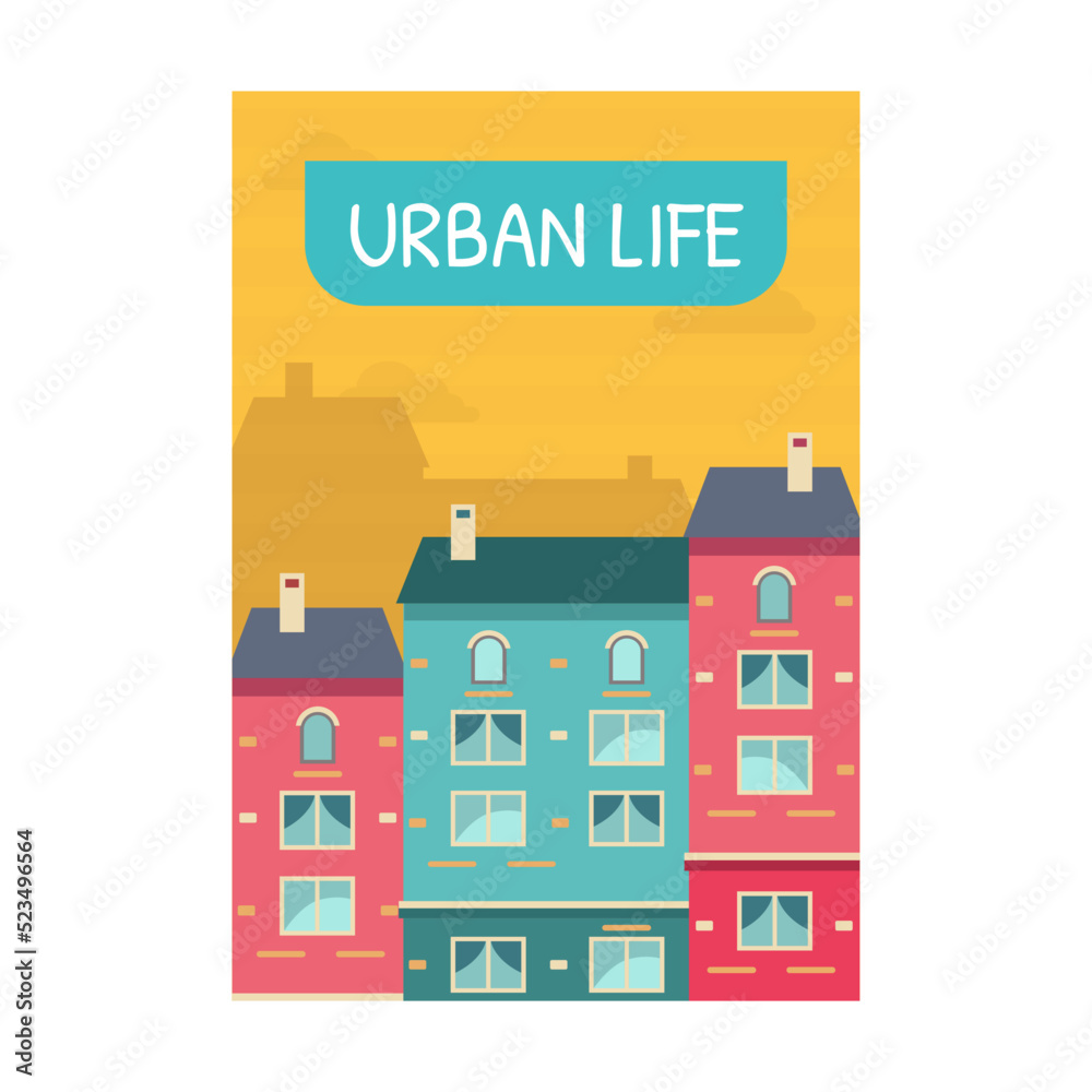 Poster with houses vector illustration. Vivid graphic elements with house facades and text. Buildings and architecture concept. Template for promotional poster or flyer