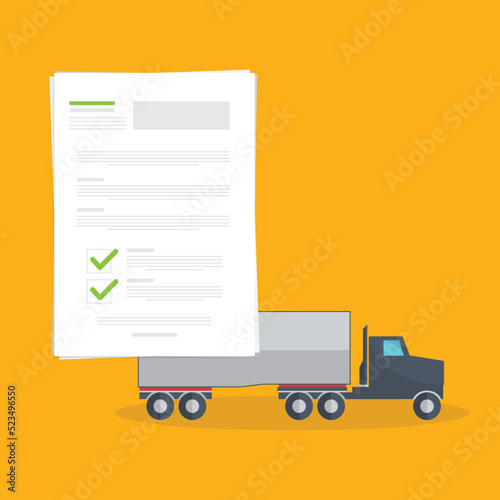 Truck insurance document, report. Transport or custom document. Paper agreement checklist or loan checkmarks form list approved with truck icon, vehicle financial, truck dealership legal deal.