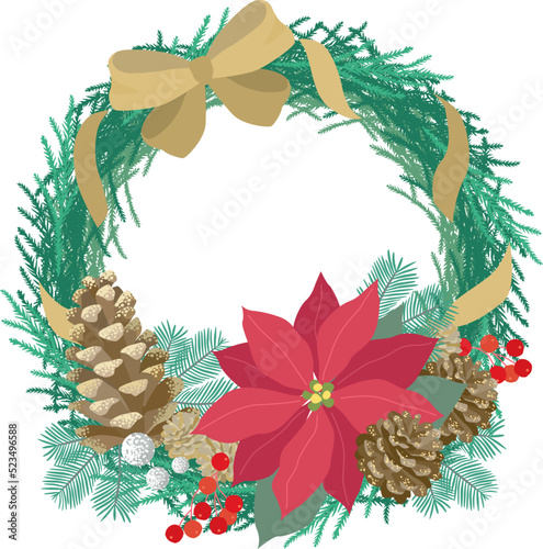 モミのリースにポインセチアとまつぼっくりを飾ったクリスマスリースのイラスト