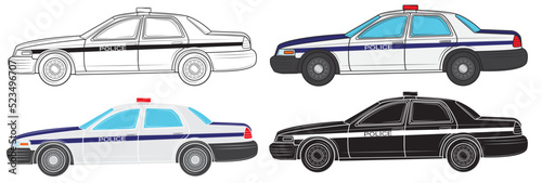 Set of Vector illustration of a police car on a white background.Profile view.