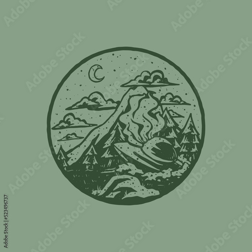 Distressed stamp illustration of ufo falling in the forest
