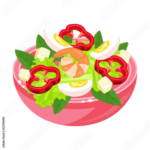 Fototapeta Naklejka Na Ścianę i Meble -  Salad illustration in cartoon style. Vegetable salad. Healthy and tasty food ideas. Dishes for keeping fit. Original salads ingredients