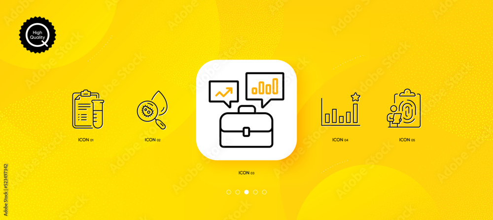 Naklejka premium Water analysis, Fingerprint and Efficacy minimal line icons. Yellow abstract background. Medical analyzes, Business portfolio icons. For web, application, printing. Vector