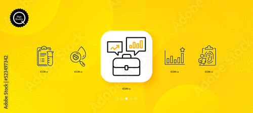Water analysis, Fingerprint and Efficacy minimal line icons. Yellow abstract background. Medical analyzes, Business portfolio icons. For web, application, printing. Vector