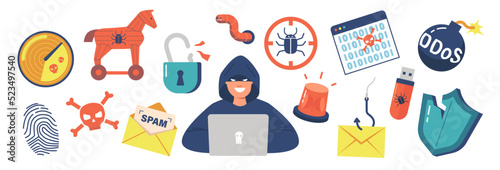 Set of Hacker Icons Radar, Trojan Horse, Worm, Broken Padlock, Bug, Anonymous Man with Laptop, Spam, Finger Print