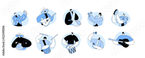 Set of People Musicians, Mexicans Celebrate Cinco De Mayo Festival. National Folk Music Holiday Cartoon Vector Icons