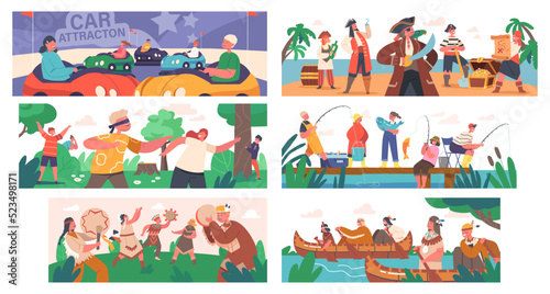 Set Outdoors Children Games And Fun. Kids Characters Playing In Pirates Or Indians, Hide And Seek, Pirates, Riding Cars