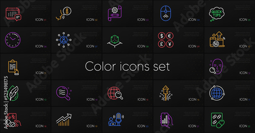 Set of Hypoallergenic tested, Clipboard and Demand curve line icons. Include Time, Globe, Message icons. Quick tips, Analysis app, Prescription drugs web elements. Skin condition. Vector