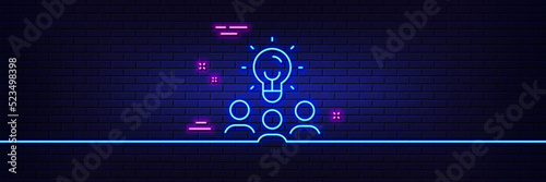 Neon light glow effect. Business idea line icon. People group sign. Teamwork meeting symbol. 3d line neon glow icon. Brick wall banner. Business idea outline. Vector
