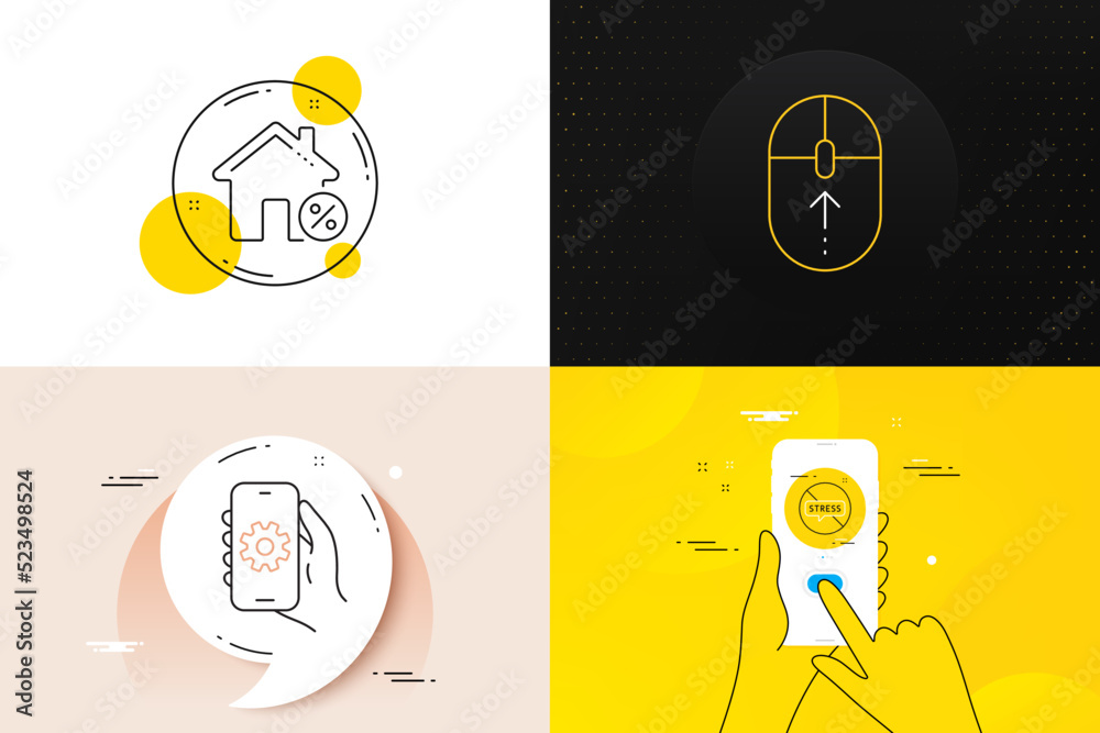 Minimal set of Stop stress, Swipe up and App settings line icons. Phone screen, Quote banners. Loan house icons. For web development. Mental anxiety, Scrolling page, Smartphone service. Vector Minimal set of Stop stress, Swipe up and App settings line icons. Phone screen, Quote banners. Loan house icons. For web development. Mental anxiety, Scrolling page, Smartphone service. Vector
