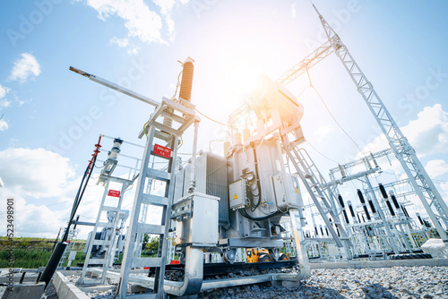 Modern new power station. The equipment used to raise or lower voltage, high voltage power station. Electrical Transformer
