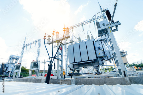 Modern new power station. The equipment used to raise or lower voltage, high voltage power station. Electrical Transformer