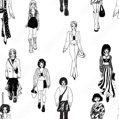 Seamless pattern. Women in trendy clothes. Defile sketch.