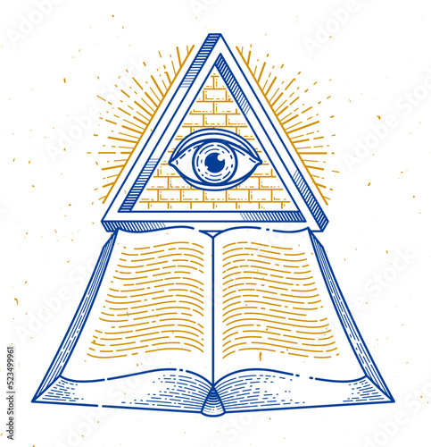 Secret knowledge vintage open book with all seeing eye of god in sacred geometry triangle, insight and enlightenment, masonry or illuminati symbol, vector logo or emblem design element.
