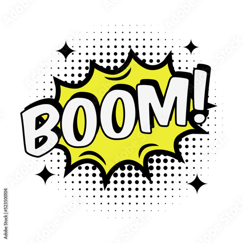 Comic BOOM text speech bubbles and burst. Cool, boom, ok, hi, wow, bang, omg surprising expressions stickers. Vector illustration for comic book design, art, communication concept