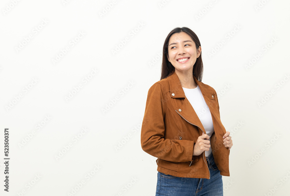 Beautiful asian women in jacket fashion standing pose looking at camera. Attractive female portrait in white studio. Smiling woman age around 25. Cheerful asian person. Beautiful asian women in jacket fashion standing pose looking at camera. Attractive female portrait in white studio. Smiling woman age around 25. Cheerful asian person.