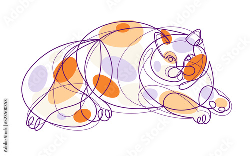 Nice cute cat linear vector illustration, line art drawing of pussycat relaxing, artistic outline minimal sketch of fat and lazy cat.