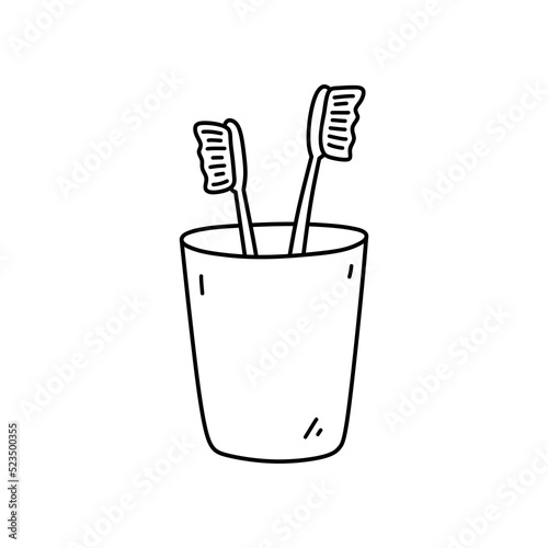 Toothbrushes in a cup isolated on white background. Oral hygiene. Vector hand-drawn illustration in doodle style. Perfect for decorations, logo, various designs.