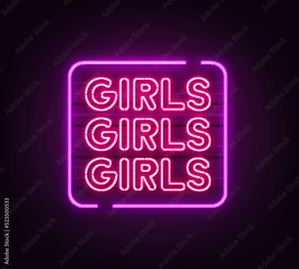 Girls neon sign on brick wall background . Girls neon sign on brick wall background .