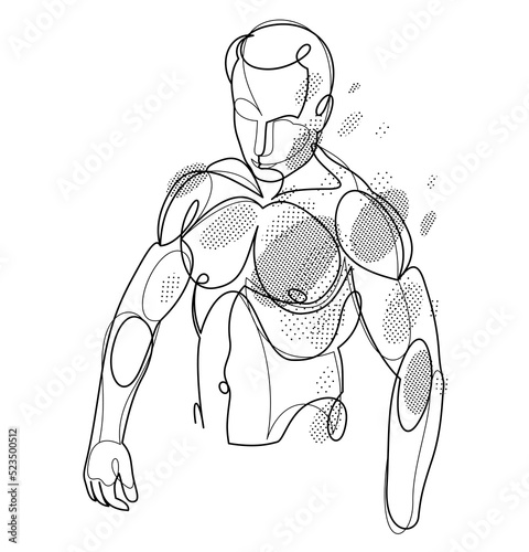 Athletic man torso vector linear illustration, male beauty with perfect muscular fit body posing, artistic drawing of fitness model.