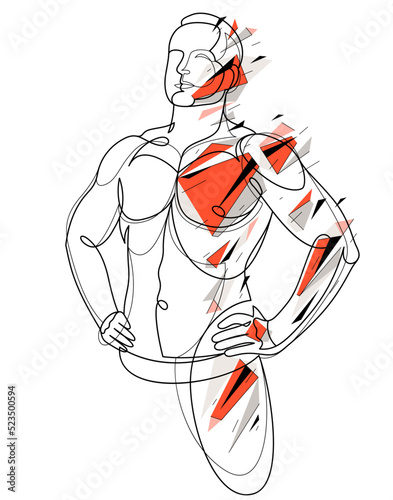 Athletic man torso vector linear polygonal illustration, male beauty with perfect muscular fit body exploding, artistic drawing of fitness model.
