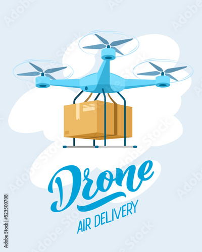 Drone for air delivery. Delivery flying robot drones, express robot shipment concept. Modern technologies in cargo transportation. Cartoon vector illustration