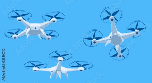 Flying drone with blue sky background, vector illustration. Cartoon drones flying in different angles