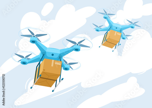 Drone for air delivery. Delivery flying robot drones, express robot shipment concept. Modern technologies in cargo transportation. Cartoon vector illustration