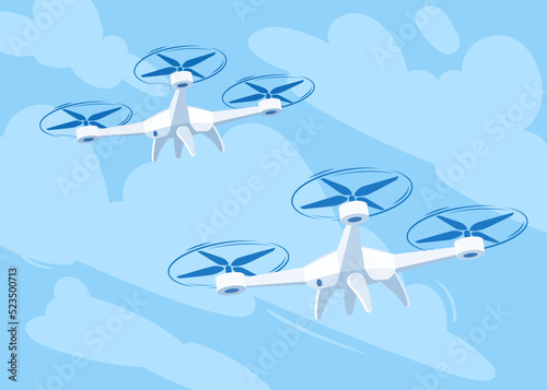 Flying drone with blue sky background, vector illustration. Cartoon drones flying in different angles