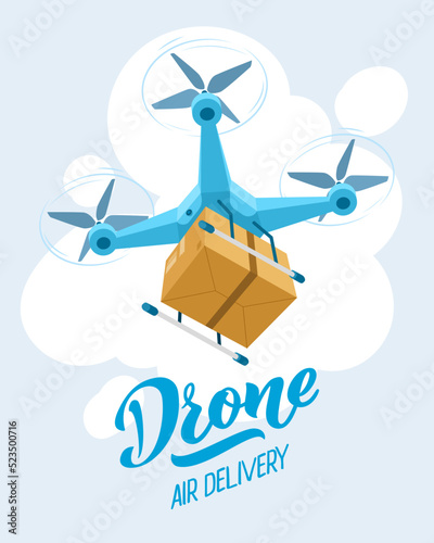 Drone for air delivery. Delivery flying robot drones, express robot shipment concept. Modern technologies in cargo transportation. Cartoon vector illustration