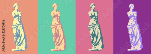 Statue of Venus de Milo (goddess of love) in four trendy color schemes.Stylization and division into light and shadow. Vector illustration, EPS 10. Classic sculpture concept in pop art style. Isolated photo