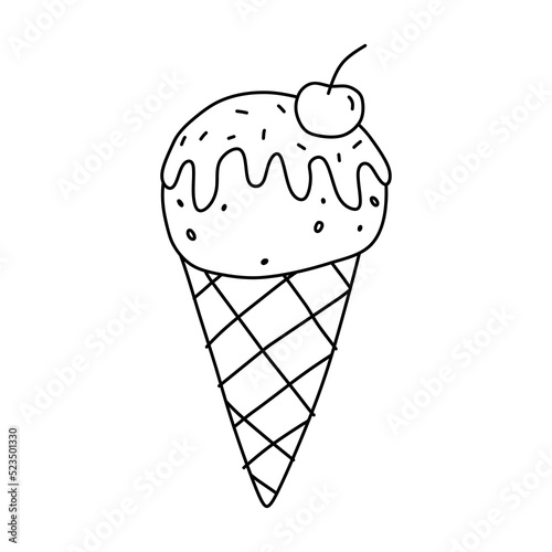Cute ice cream cone with cherry isolated on white background. Sweet food. Vector hand-drawn illustration in doodle style. Perfect for various designs, cards, decorations, logo, menu.