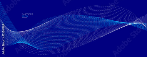 Dark blue abstract background, vector wave of flowing particles, curvy lines of dots in motion, technology and science theme, airy and ease futuristic illustration.