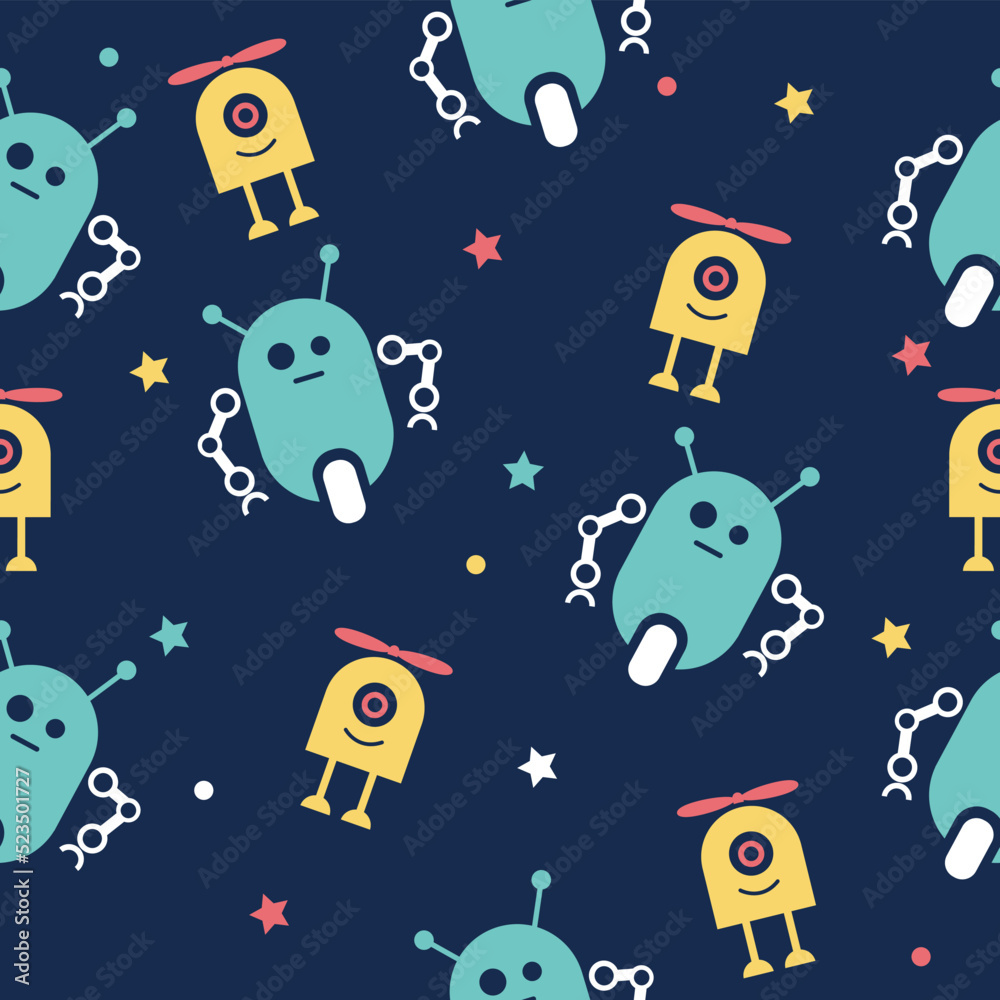 Cute Robots. Seamless Pattern.Baby background Cute Robots. Seamless Pattern.Baby background
