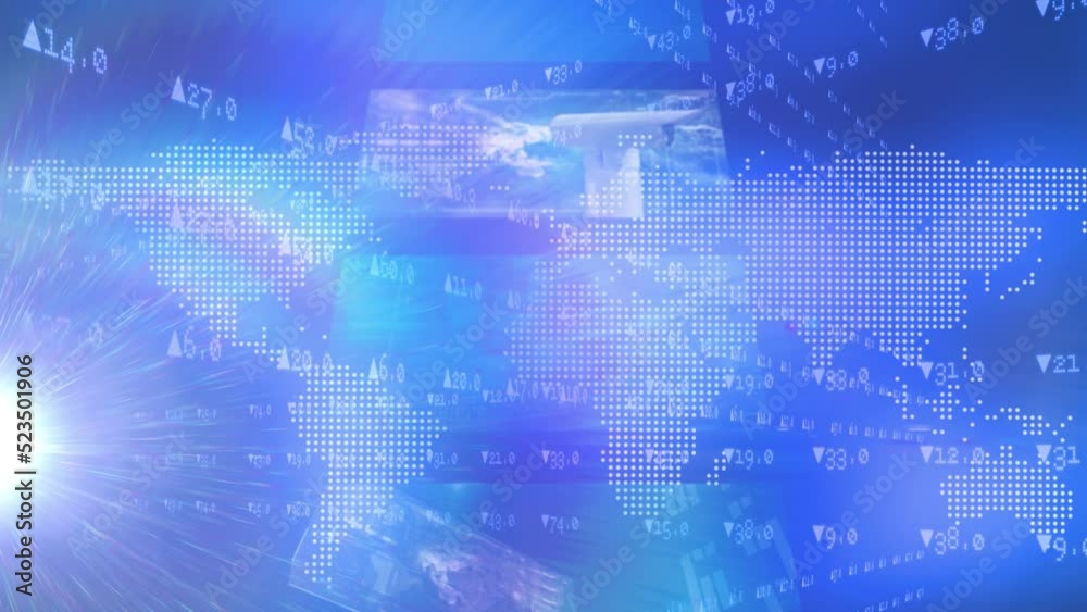 Animation of graphical interface over digital map and stock market ticker and bright light Animation of graphical interface over digital map and stock market ticker and bright light